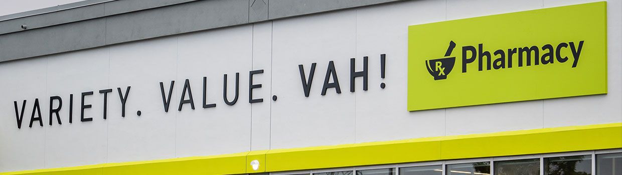 Chalo Freshco Store with Variety. Value. Vah! and pharmacy sign