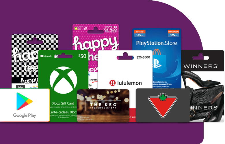 Various giftcards including Google Play, Xbox, The Keg, lululemon, Playstation, Canadian Tire, and winners
