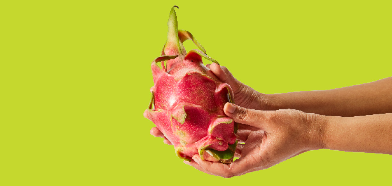 Two hands hold out a whole and vibrant dragon fruit.