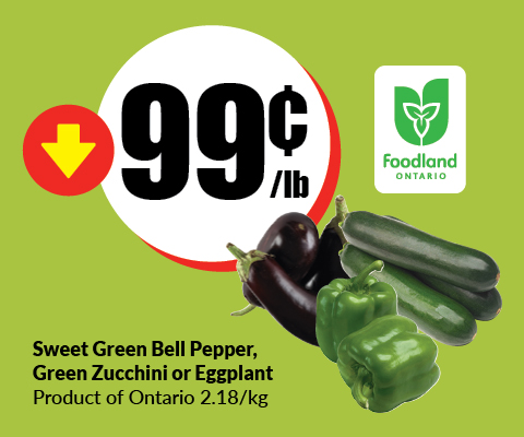 Text Reading 'Buy Sweet Green Bell Pepper, Green Zucchini or Eggplant for just 99¢ per lb.'
