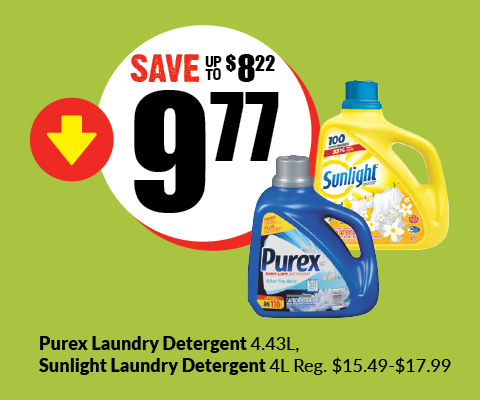 Text Reading ‘Buy Purex Laundry Detergent 4.43 L and Sunlight Laundry Detergent 4 L at $9.77 and save up to $8.22. Regular pricing $15.49 to $17.99.’