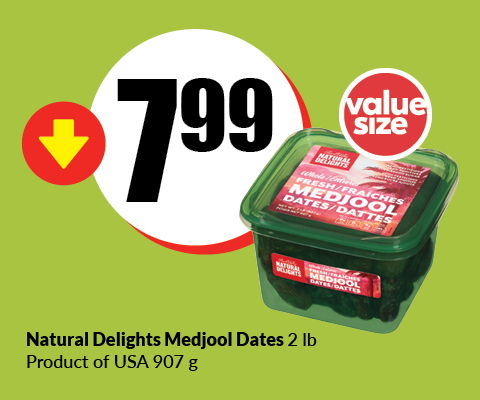 Text Reading “Buy natural delights Medjool dates 2 pounds at $7.99. Product of USA 907 grams.”