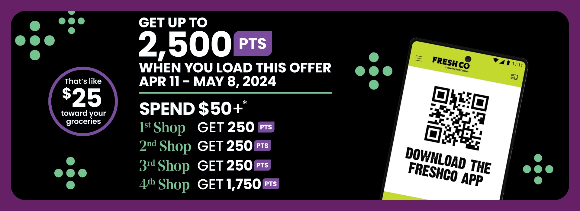 The following image contains the text: "Download the Feshco app and get up to 2,500 PTS when you load this offer Apr 11-May 8, 2024. Spend $50+*. 1st Shop Get 250 PTS, 2nd Shop Get 250 PTS, 3rd Shop Get 250 PTS, 4th Shop Get 1,750 PTS. That's like $25 toward your groceries."