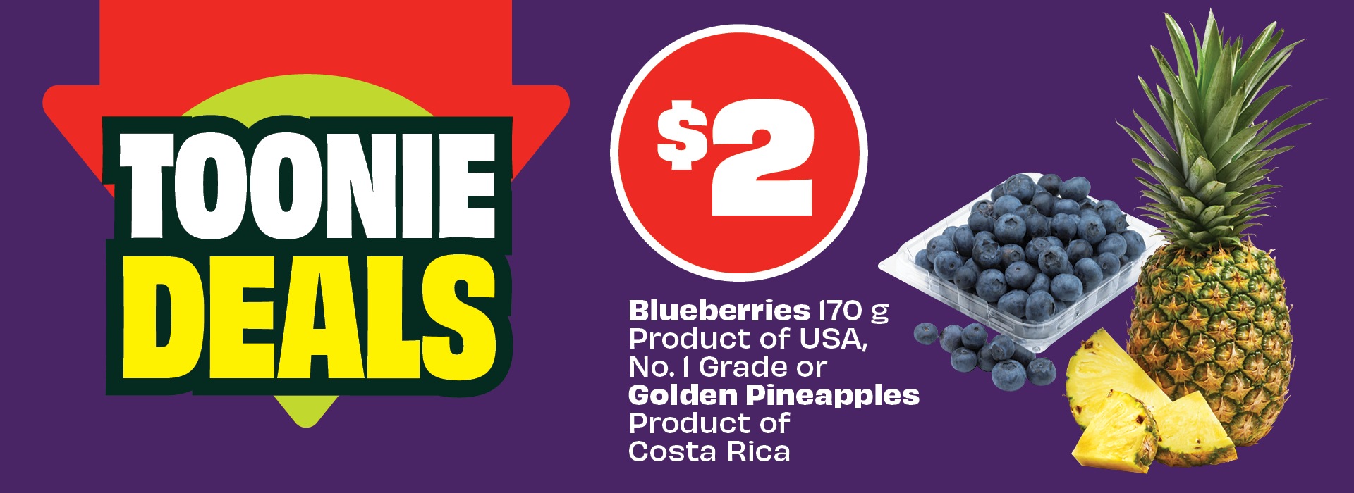 Text reading: "Toonie Deals. Blueberries (170 g, product of USA, no. 1 grade) or Golden Pineapples (product of Costa Rica). Priced at $2."