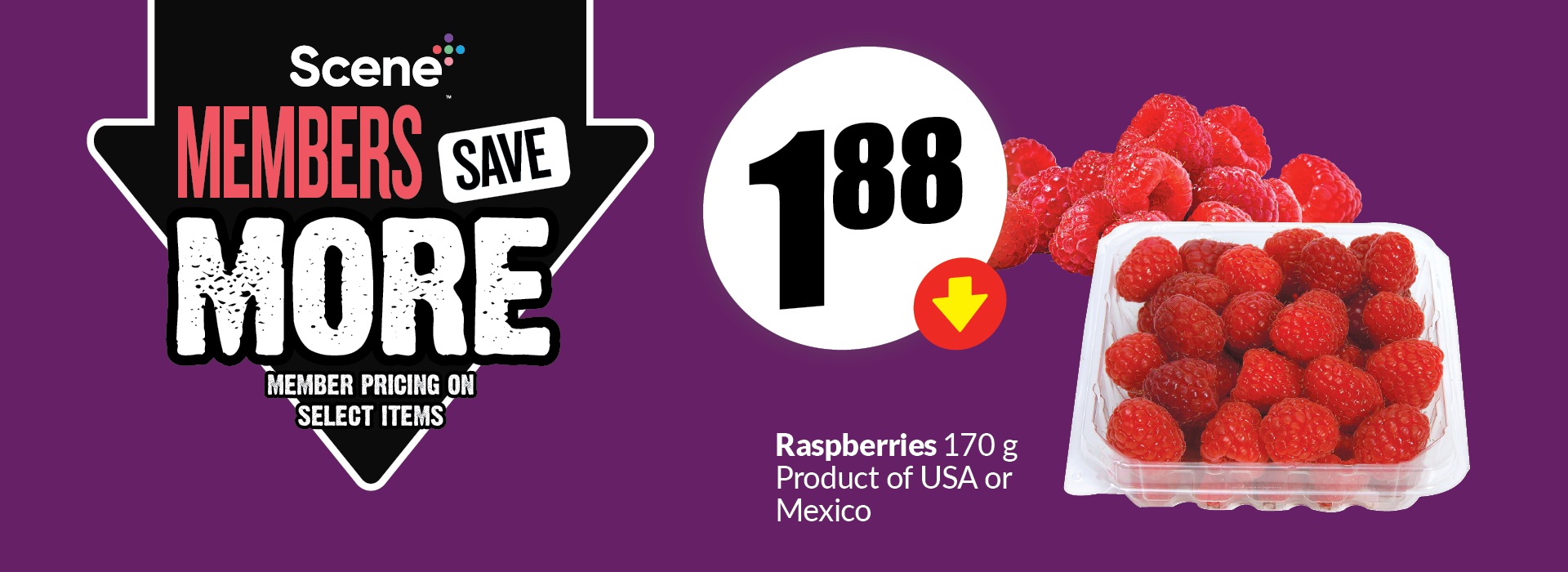 This banner text reads, "Scene members can save more on selected items. Raspberries 170 g products of USA or Mexico. Get them for just $1.88."