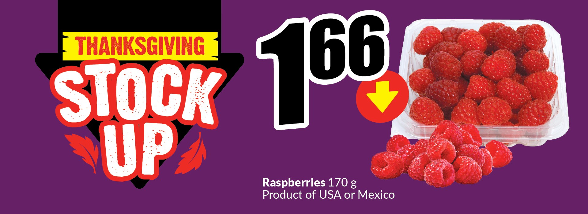 The following image contains the text, "Raspberries 170 g Product of USA or Mexico. Get them at just $1.66."