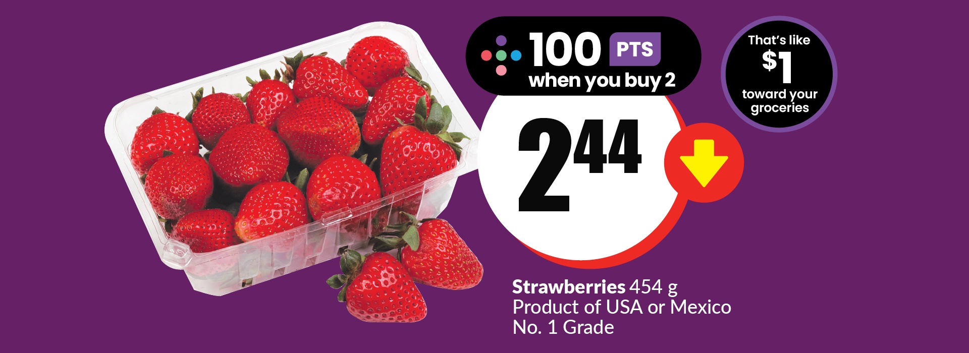 The following image contains the text, "Strawberries 454 g product of USA or Mexico, No.1 Grade. 100 Points when you buy 2; that's like $1 towards your groceries. Get them at $2.44."