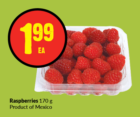 The following image has a box of raspberries 170g Product of Mexico. Get them at $1.99.