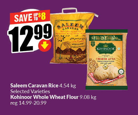 This banner test reads, "Saleem caravan rice 4.54kg, Kohinoor whole wheat flour 9.08kg regular price 14.99-20.99. Get them at just $12.99 and save up to $8."