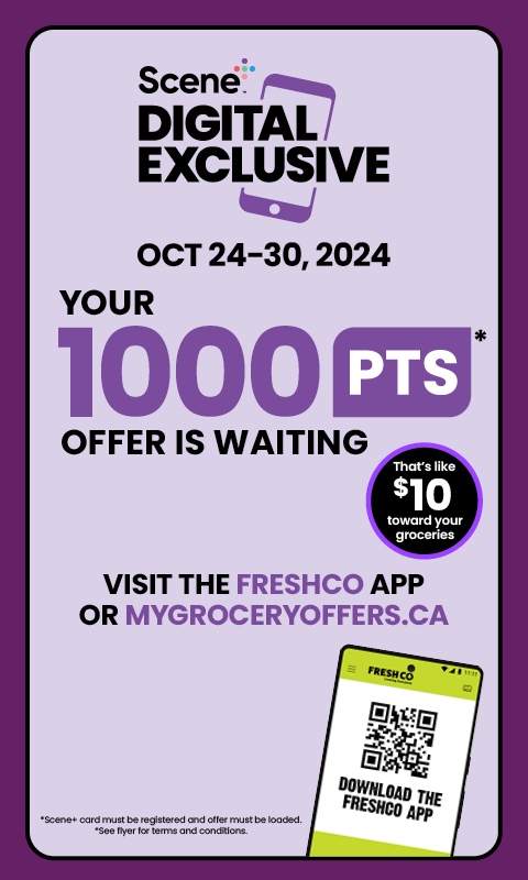 Promotional banner for Scene+ Digital Exclusive offer from Oct 24-30, 2024. Earn 1000 points, equivalent to $10, by visiting the FreshCo app or mygroceryoffers.ca. Includes a QR code for downloading the FreshCo app and colourful dotted design elements.